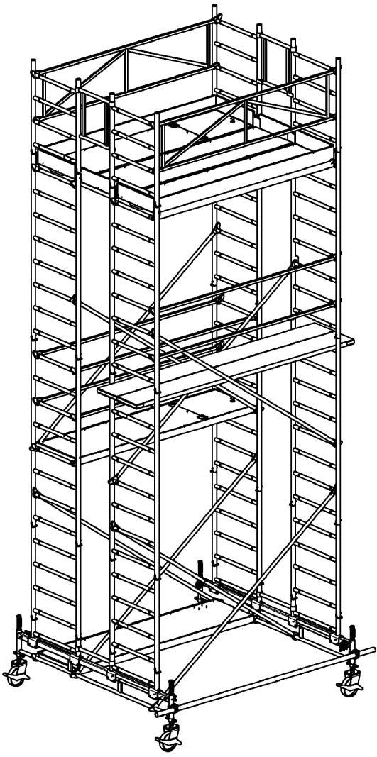 Die Arbeitsplattform wird umwehrt von vier Leiterrahmen 1,0 m (7), zwei Geländerrahmen (11) und den Doppelabsturzsicherungen (17).