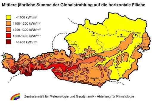8. Ökostrom in der Europäischen Union Abbildung 24: Globalstrahlung in Österreich Im Süden von Tirol und Westen der Steiermark können Anlagen am