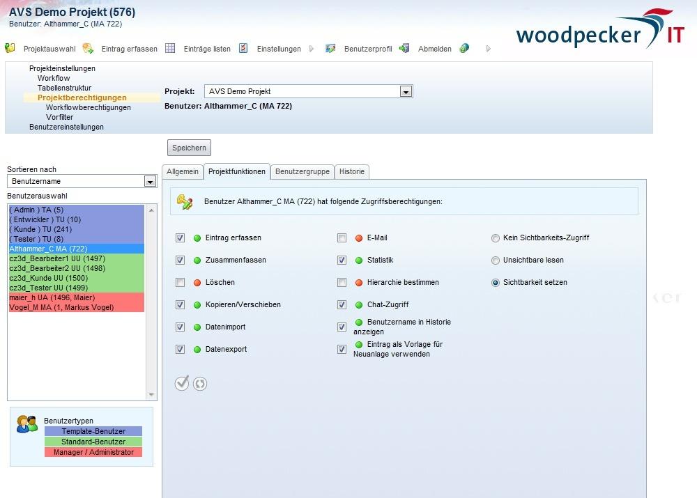 Funktionen Woodpecker IT bietet Ihnen unter anderem folgende Funktionen Frei definierbarer Workflow Unbegrenzt viele Projekte, User, Einträge, Felder und Anhänge Userrechtemanagement (Abb.