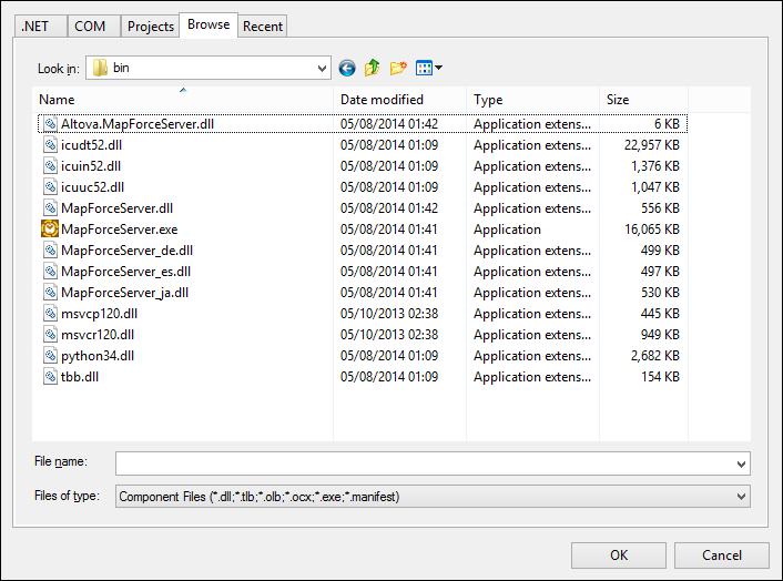 2. MapForce Server API 45 Navigieren Sie auf dem Register "Browse" zum Ordner: <MapForceServer application folder>/bin, wählen Sie die Datei Altova.MapForceServer.dll aus und klicken Sie auf OK.