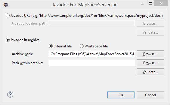 48 MapForce Server API 3. Erweitern Sie unter JARs and class folders on the build path den Eintrag MapForceServer.jar und doppelklicken Sie auf den Eintrag Javadoc location: (None). 4.
