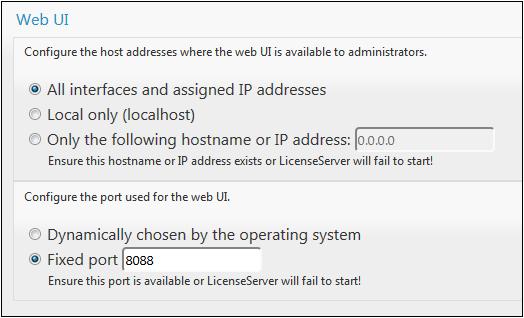 Sie können auf der Konfigurationsseite (siehe Abbildung unten) für den LicenseServer jeden beliebigen anderen gewünschten Port definieren.