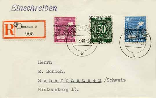 20. Auslandspostdienst Auslandsbrief per Einschreiben in die Schweiz vom 7. 8. 1948. Die Gebühr für einen Brief bis 20 g betrug vom 15. 9.