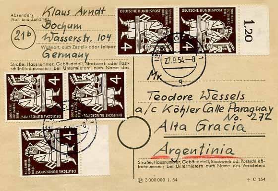 20. Auslandspostdienst Postkarte nach Argentmien vom 27.9.
