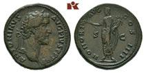 R Dunkelgrüne Patina, Prägeschwächen, sehr schönvorzüglich 200,00 Die Reversdarstellung bezieht sich auf die 4. Liberalitas des Kaisers. 187 Antoninus I. Pius, 138-161.