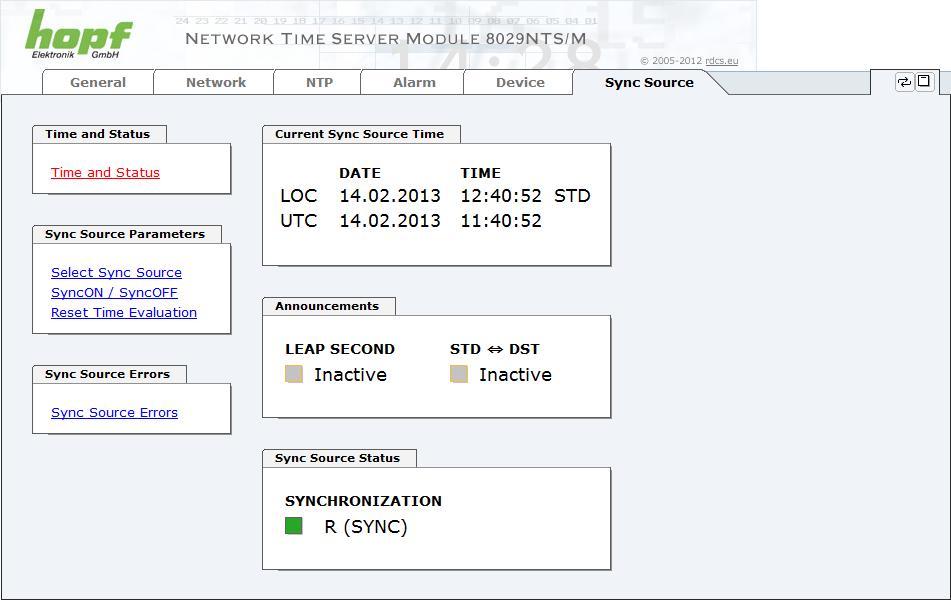 7.3.6.1 Time and Status Current Sync Source Time Dieser Bereich zeigt die aktuelle Zeit und das Datum der Sync Source an. Sowohl die lokale Zeit als auch die UTC-Zeit werden angezeigt.