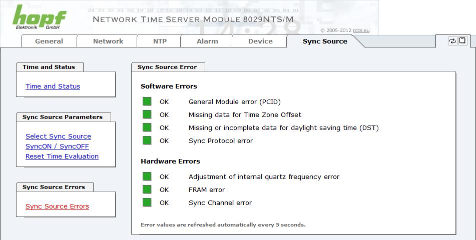 7.3.6.5 Sync Source Errors In dieser Registerkarte wird der aktuelle Fehler-Status der Sync Source bzw. der an Auswertung der Sync Source Signalen beteiligten Modulkomponenten, angezeigt.