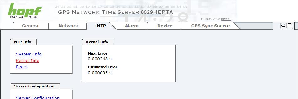 Neben den von NTP berechneten Werten für Root Delay, Root Dispersion, Jitter und Stability findet sich hier auch der Stratum Wert des Time Server 8029HEPTA/GPS, der Status zu Schaltsekunden und der