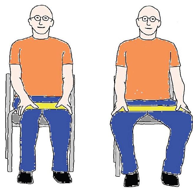 Kräftigung der Oberschenkelaußenseite Setzen Sie sich vorne an die Sesselkante Schließen Sie die Beine, sodass sich die Füße und Knie berühren Wickeln Sie das Band um die Beine (Das Band sollte so