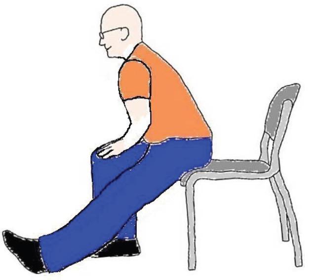 Dehnung der Oberschenkelrückseite Stellen Sich sicher, dass Sie sich ganz vorne auf Ihrem Sessel befinden Strecken Sie ein Bein aus und positionieren die Ferse auf dem Boden Platzieren Sie beide
