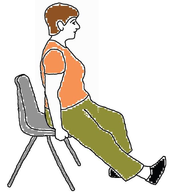 Dehnung der Wade Sitzen Sie vorne auf Ihrem Sessel und halten Sie sich seitlich fest Strecken Sie ein Bein aus und positionieren Sie die Ferse auf dem Boden