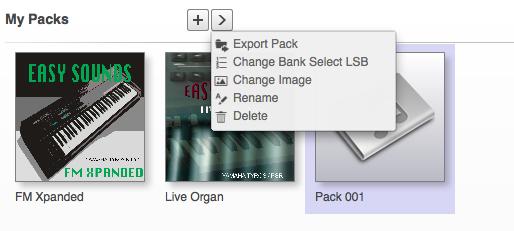 Führen Sie die Funktionen Rename und falls erforderlich Change Bank Select LSB aus, um das neue Pack zu finalisieren. Führen Sie die Funktion Save as Pack Install File aus.