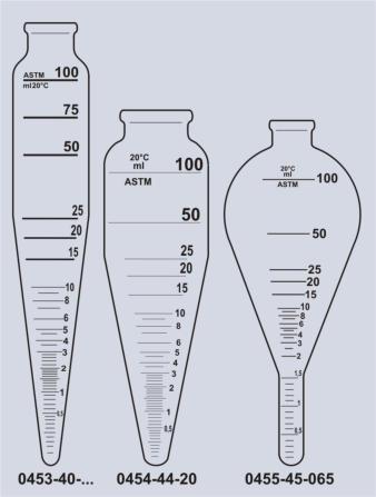 50 ZENTRIFUGENGLÄSER / CENTRIFUGE TUBES Zylindrisch mit konischem Unterteil / cylindrical conical bottom Inhalt Graduierung Art.Nr. 100 ml 0-0.5 ml : 0.05ml 0.5-2 ml : 0.10ml D.36mm 2-3 ml : 0.