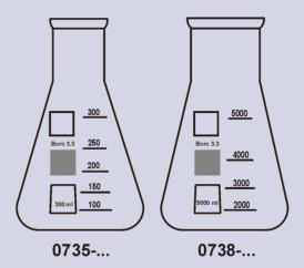 64 ERLENMEYER KOLBEN, mit Teilung,Boro3.3 / ERLENMEYER-FLASKS Enghals / Bördelrand Weithals / Bördelrand Art. Nr.