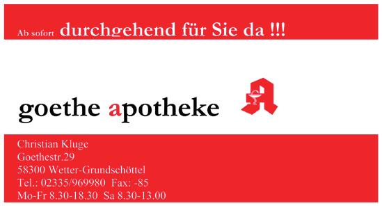 Goethe Apotheke Goethestraße 29. 58300 Wetter (Ruhr). Tel. 02335 969980 E-Mail: goethe-apotheke-wetter@arcor.