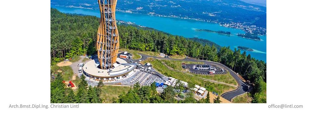 Inklusive der Antenne ist der Turm 100 Meter hoch und damit der höchste Holzaussichtsturm der Welt. 16 Brettschichtholzpfähle tragen die vertikalen Kräfte ab.
