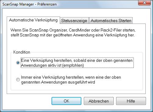 ScanSnap Manager konfigurieren (für Windows Benutzer) Ändern der Einstellungen des Automatischen Verknüpfungsmodus Die Einstellungen des automatischen Verknüpfungsmodus können wie folgt geändert