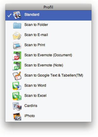 Profilmenü ScanSnap Manager Symbol und Bedienungen (für Mac OS Benutzer) Dieses Menü erscheint, wenn Sie auf das ScanSnap Manager Symbol Verfügbare Profile werden im Profilmenü angezeigt. klicken.