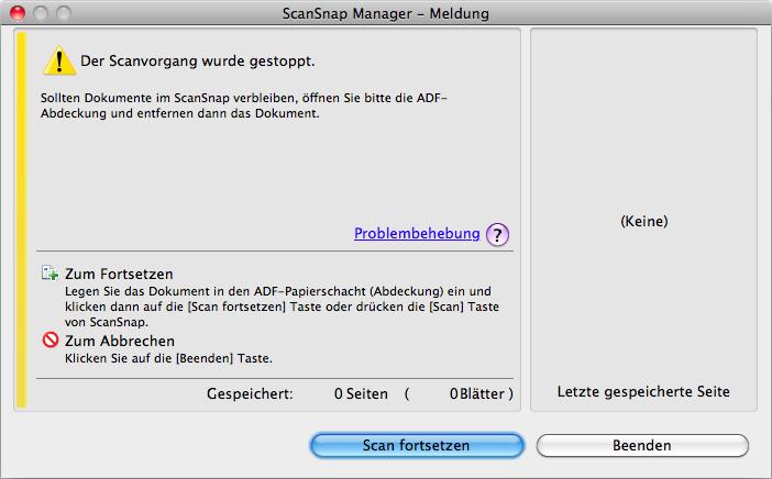 Einen Scan ausführen (für Mac OS Benutzer) Einen Scan stoppen Sie können einen Scanvorgang stoppen, sollten Sie ein falsches Dokument oder die falsche Blattseite irrtümlich eingelegt haben.