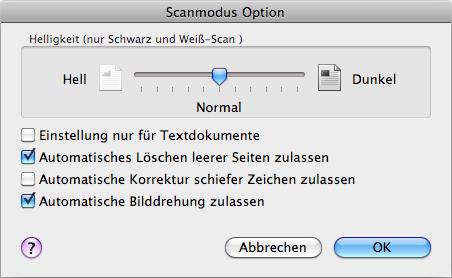 Verschiedene Anwendungsmöglichkeiten von ScanSnap (für Mac OS Benutzer) 2. Klicken Sie auf die [Option] Taste in der [Scanmodus] Registerkarte. Das [Scanmodus Option] Fenster erscheint. 3.
