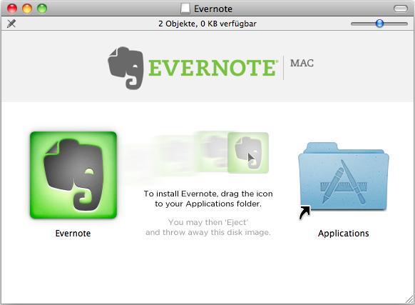 Installation unter Mac OS 6. Ziehen Sie das [Evernote] Symbol auf das [Applications] Symbol. Evernote for Mac wird in den [Programme] Ordner kopiert. 7.