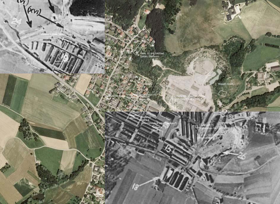 Überlappende Luftaufnahmen des Konzentrationslagerkomplexes Gusen bzw. des heutigen Gusen. christoph mayer chm.