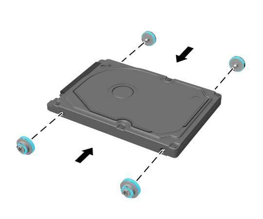 2. Positionieren Sie die Festplatte über dem Laufwerkskäfig. Die Anschlüsse zeigen hierbei zur Mitte des Computers. 3.