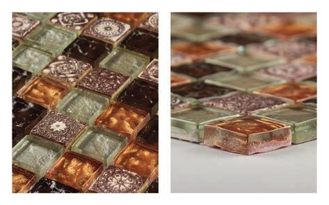 Mosaikmatte/-fliese, Farbe: Mix aus silber-weiß, gold und braun, Oberflächeneigenschaft: glatt, glänzend und strukturiert mit