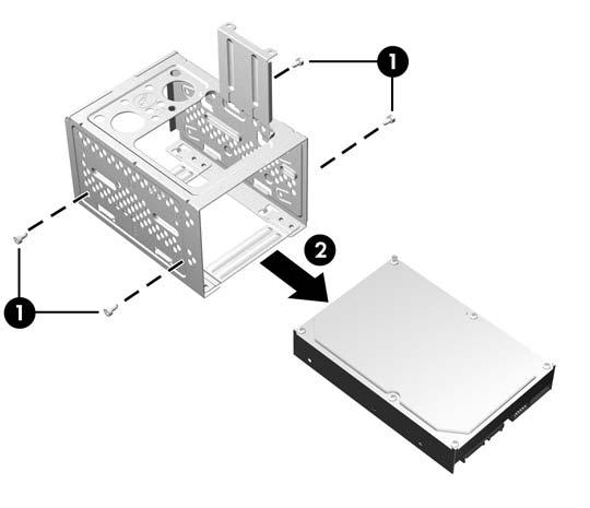 9. Ziehen Sie das Stromkabel (1) und das Datenkabel (2) auf der Rückseite des Festplattenlaufwerks ab. Abbildung 2-29 Abziehen der Kabel eines Festplattenlaufwerks 10.