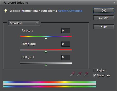 Bewegen Sie den Schieber Farbton nach links und rechts. Beobachten Sie dabei, wie sich der untere Farbumfang 2 gegenüber dem Standardspektralbereich 1 verschiebt. Das gelingt mit jedem Farbfoto.