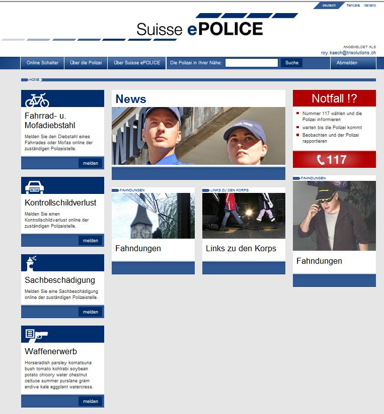 Eigenständiger Auftritt der Homepage Suisse epolice Benutzerkonto Postensuche Erweiterbares