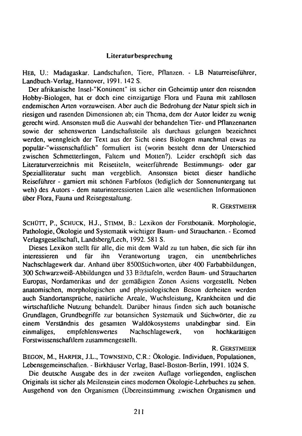 Literaturbesprechung HEß, U.: Madagaskar. Landschaften, Tiere, Pflanzen. - LB Naturreiseführer, Landbuch-Verlag, Hannover, 1991. 142 S.