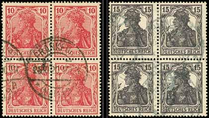 228 GERMANIA 1920 - Die Sammlung Dieter Kamradt 3113 86PFä, 101PFä 3/4 Kriegspostfälschung 10 Pfg. rot und 15 Pfg.