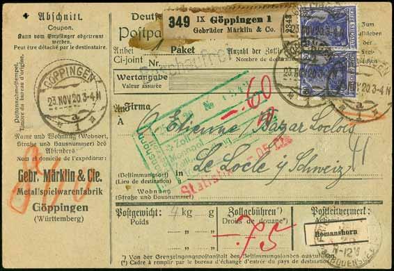 Infla Berlin und Peschl (Photo = 1 250) 80 3215 148IPFI, 148I 6 75 Pfg. im senkrechten Paar als portogerechte Mehrfachfrankatur auf Postkarte von KONSTANZ 20.9.