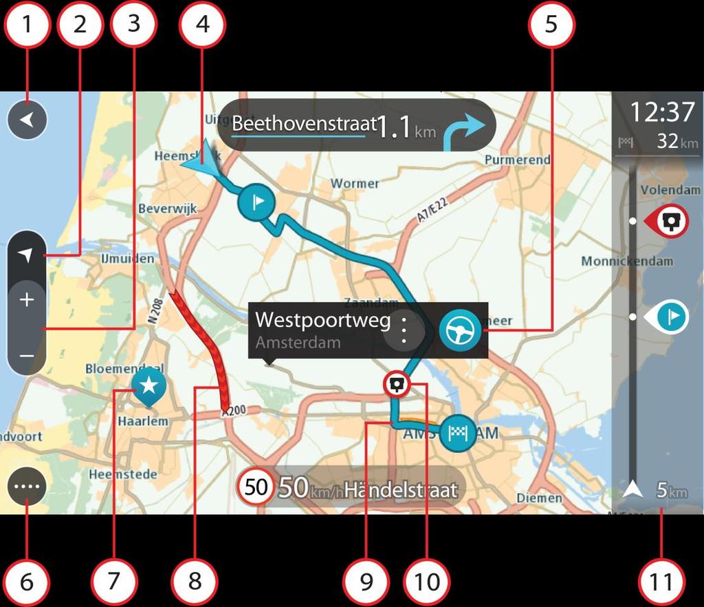 Wenn Sie eine Route geplant haben, wird Ihre vollständige Route auf der Karte angezeigt. Sie können direkt über die Karte Ihrer Route Stopps hinzufügen.