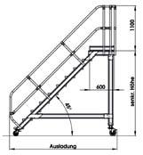 Aluminium- Plattformtreppe fahrbar 45 / 60 Stufenbreite 600 800 1000 mm. Plattformlänge 600 mm.