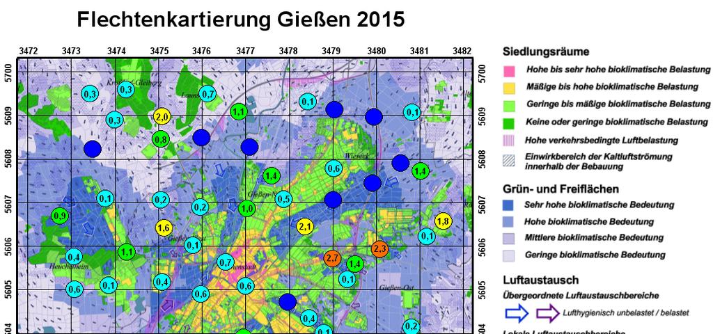 Abb. 51: Räumliche Verteilung der Klimawandelzeiger in Gießen (2015) (KLIMAFUNKTIONS- UND PLANUNGSHINWEISKARTE KLIMA/LUFT der UNIVERSITÄTSSTADT GIEßEN, GEONET, 2014) Die Zunahme der Klimawandelzeiger