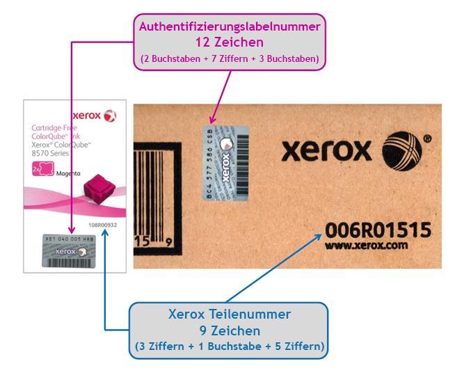 A. Xerox Toner für Geräte anderer Hersteller (HP, Brother, Lexmark usw.) Das gelbe Authentifizierungs-Etikett befindet sich im Karton auf der Verpackung des Toner-Behälters.