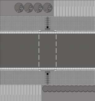Einbaubeispiel Fußgängerüberweg mit Signalanlage (FSA Fußgängerschutzanlage) innere Leitlinie: Tiefbord, Einbauhöhe > 3 cm Aufmerksamkeitsfeld mit Noppen- und