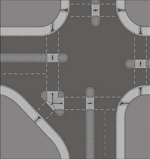 Einbaubeispiel Fußgängerüberwege an Kreuzungen Aufmerksamkeitsfeld mit Noppen- und Rippenplatten Signalanlage mit