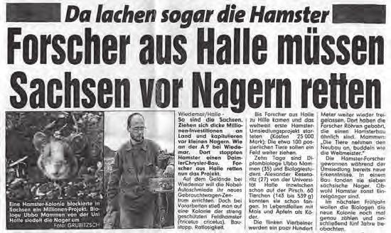 Stuttgarter Nachrichten Bild (Halle) 07.09.2001 Abb. 2: Presseecho nachdem bekannt wurde, dass auf der Fläche eines Investitionsvorhabens Feldhamster vorkommen.