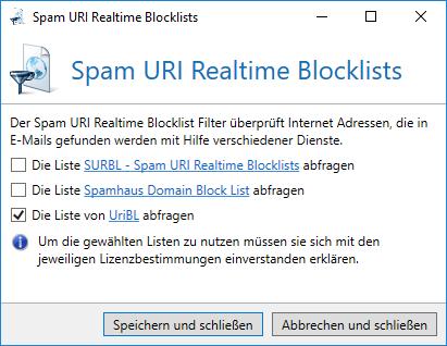 Bild 152: Konfigurieren Sie den Spam URI Realtime Blocklists Filter Sie können mehrere verschiedene Blocklists auswählen (Bild 152).