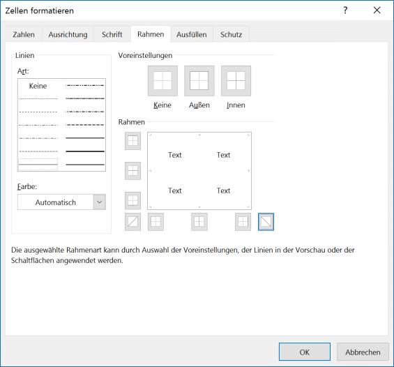 Informationen gestalten Rahmenlinien individualisieren 4.. Rahmen definieren Mit den drei Schaltflächen unter Voreinstellungen nen einstellen.