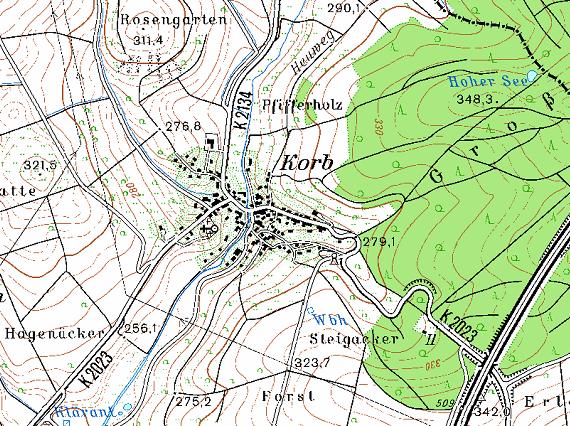 Möckmühl-Korb Historische Ortsanalyse 2 Topographie-Naturraum Korb liegt im Tal des Hengstbaches, eines Nord-Süd-gerichteten Nebenzuflusses der Jagst.