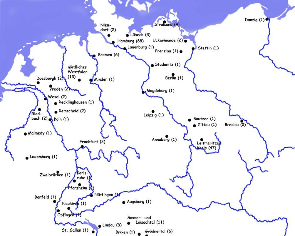 Bild 7: Herkunftsorte der deutschen und böhmischen Kaufleute in Cádiz im Zeitraum von 1680-1830.