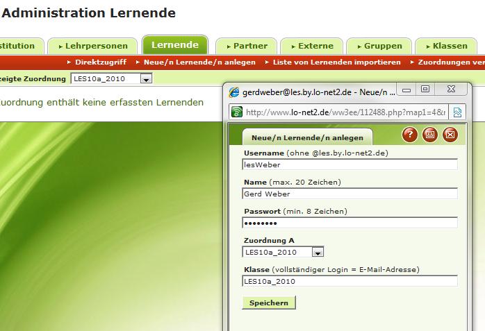 3. Neue/n Lernende/n anlegen LES10a_2010@les.by.lo-net2.de Vergeben Sie einen eindeutig identifizierenden Usernamen. Der Name(max. 20 Zeichen) wird später im Profil des Users sichtbar sein.