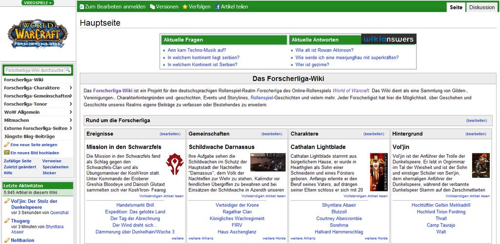 Abbildung 18: Startseite des Forscherliga-Wiki Das in Abb. 18 gezeigte Forscherliga-Wiki wird von SpielerInnen eines gleichnamigen deutschsprachigen WoW-Servers betrieben.