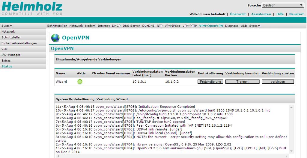 VPN-Assistenten erscheint, ist der zuvor beschriebene Vorgang erfolgreich abgeschlossen. Die beiden REX 300 Konfigurationen sind nun vollständig.
