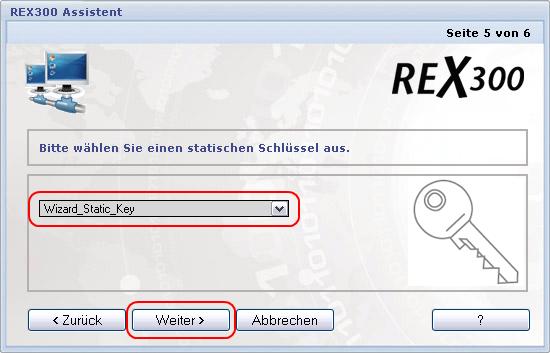 In diesem Schritt generiert der REX 300 per Zufallsgenerator einen statischen Schlüssel. Dieser wird unter dem hier angezeigten Namen abgelegt (der Name kann bei Bedarf später geändert werden).