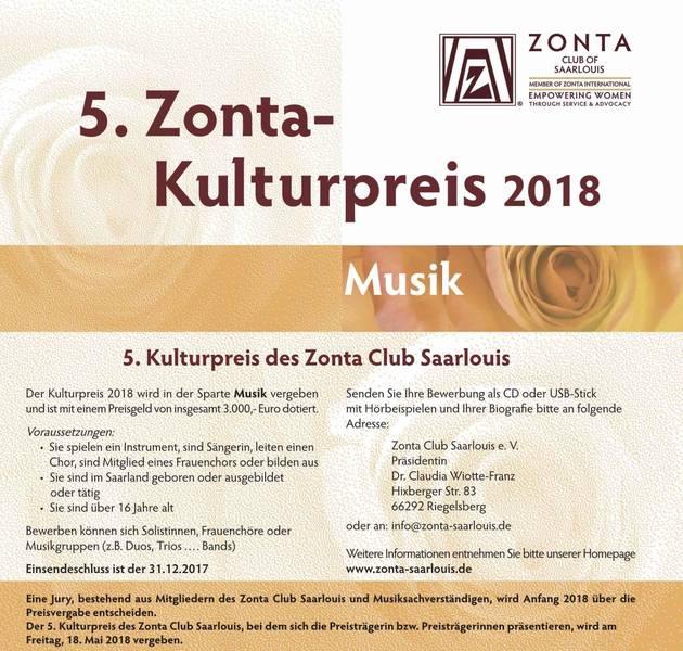 langfristigen Förderprogramm Soziale Stadt. 5. Zonta Kulturpreis 2018 Sparte Musik Der Zonta Club Saarlouis e.v. vergibt am 18.